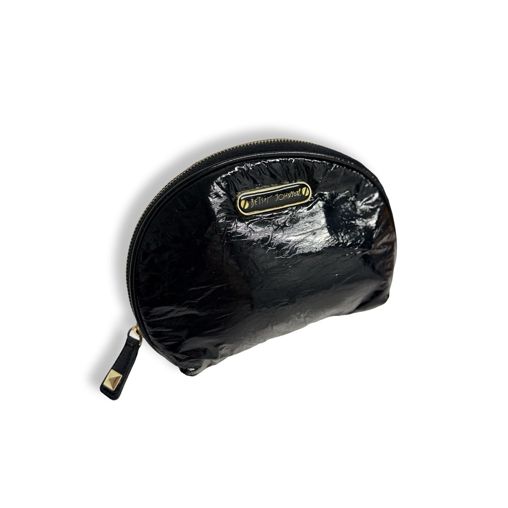 Betsey Johnson Black Patent Leather Dome Cosmetic Bag Makeup Pouch Gold Zipper